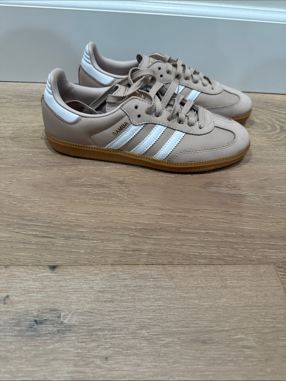 Brand new authentic Samba Sneakers in Beige with White Stripes and Gum Sole